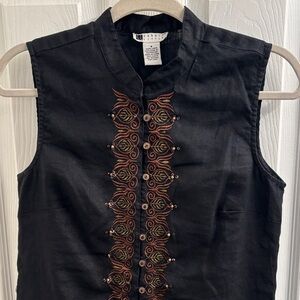 Women's CAROLE LITTLE Black Sleeveless Linen Embroidered Tunic/Top Size 8
